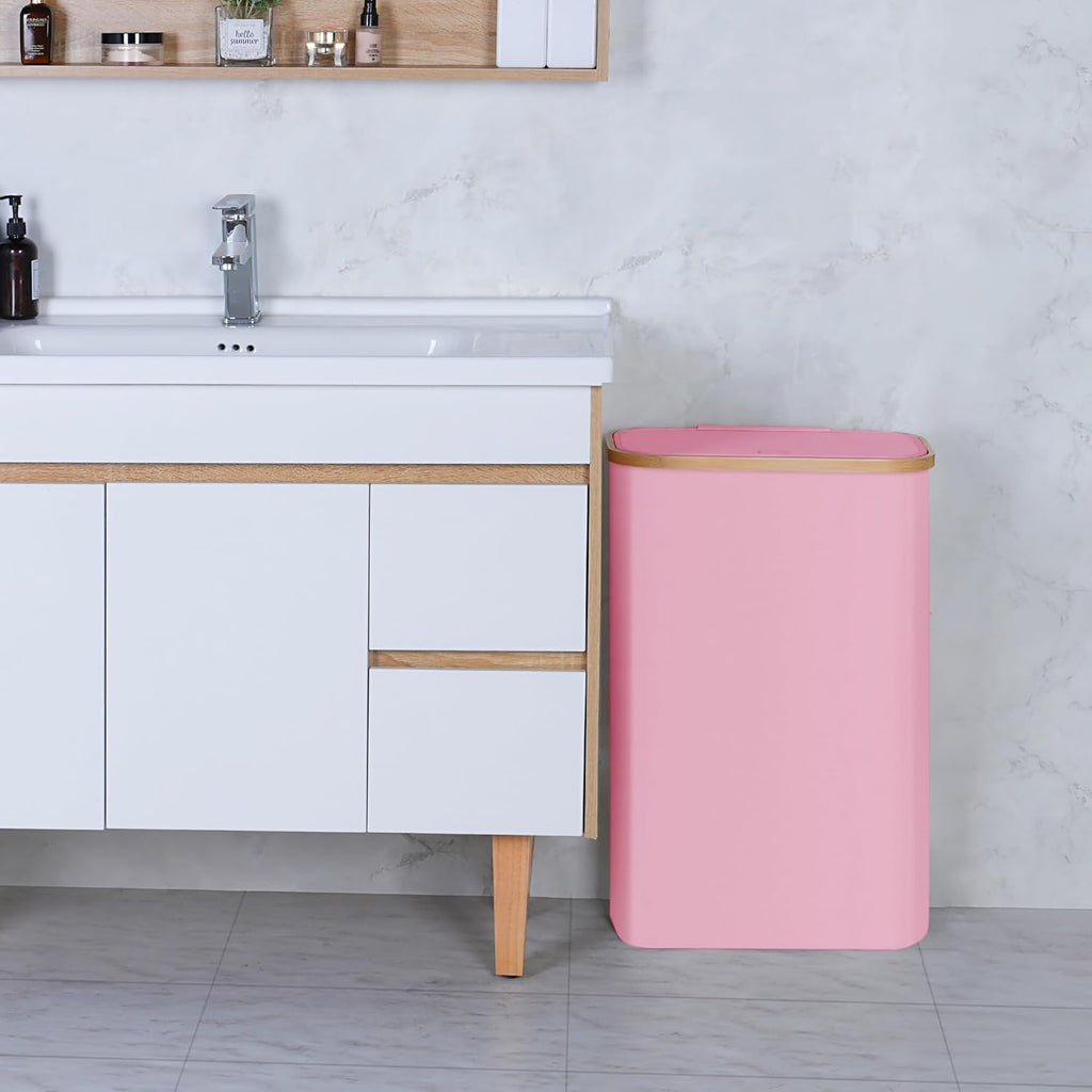 Slim Laundry Basket,60L Laundry Hamper with Lid, Tall Hamper for Laundry,Dirty Cloth Hamper with Bamboo Handle for Toys,Towels, Clothes Organizing,Pink