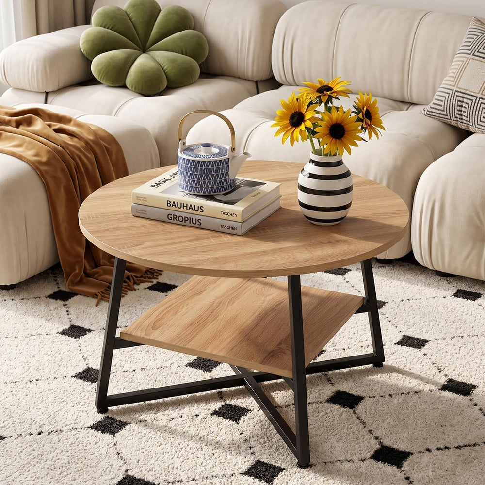 YANPU Round Coffee Table, 2-Tier Wood Coffee Table with Storage Shelf, Modern...