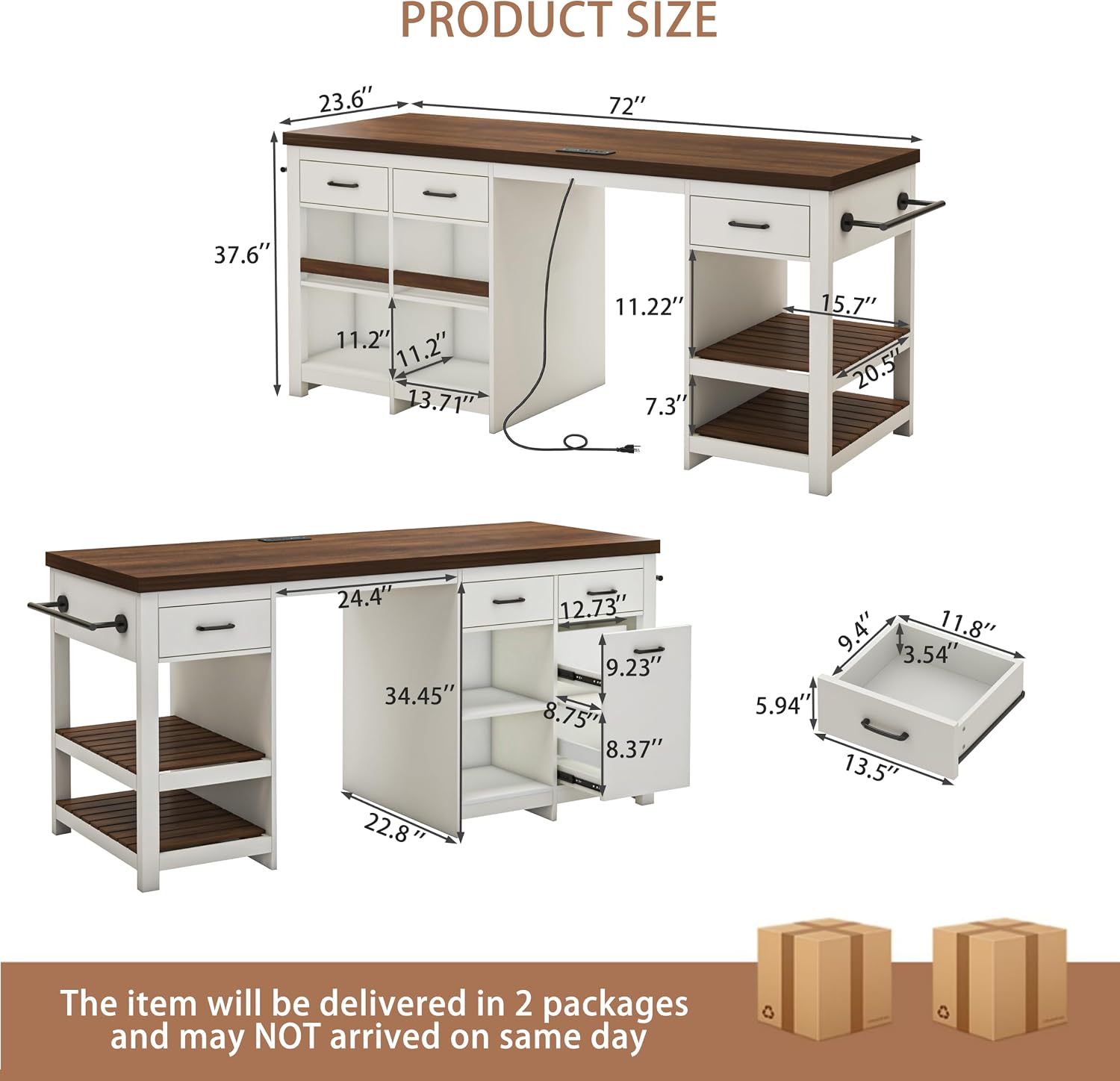 72" Stationary Kitchen Island with Charging Station | Large Kitchen Bar Island Table, 6 Storage Drawers, Open Shelves & Built-in Fridge Space, Towel Racks
