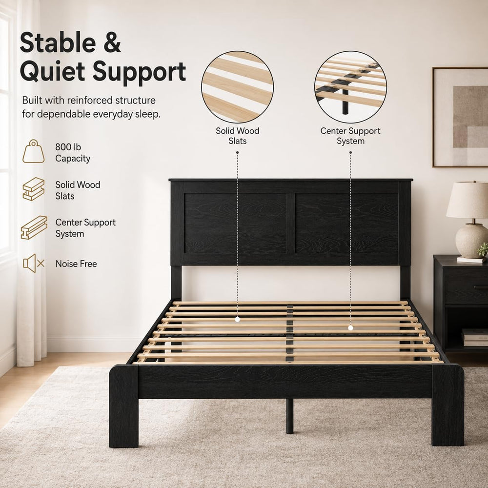 King Size Bed Frame Wood Platform Bed with Headboard, No Box Spring, Black