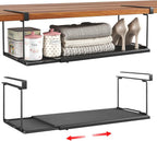 Expandable Under Cabinet Shelf, Extendable Under Shelf Storage with 0.94 Inches Thick Clips for Shoe Rack, Pantry Cabinet, Laundry Room. (Black, 2 Pack, Interior: 6" H x 8.26" D)