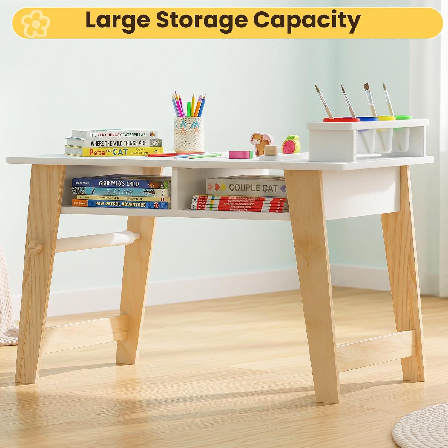 Olakids Kids Art Table and Chair Set, Wooden Multi Activity Desk with Roll Paper 2 Storage Shelves 4 Paint Cups, Toddler Furniture for Crafts Arts Playing Drawing