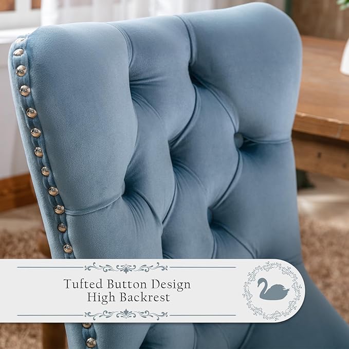 Velvet Upholstered Dining Chairs Set of 2, Modern Style Kitchen Side Chairs with Nailhead Trim and Wood Legs,Metal Pulling Ring for Dining Room Living Room(Sky Blue,Set of 2)