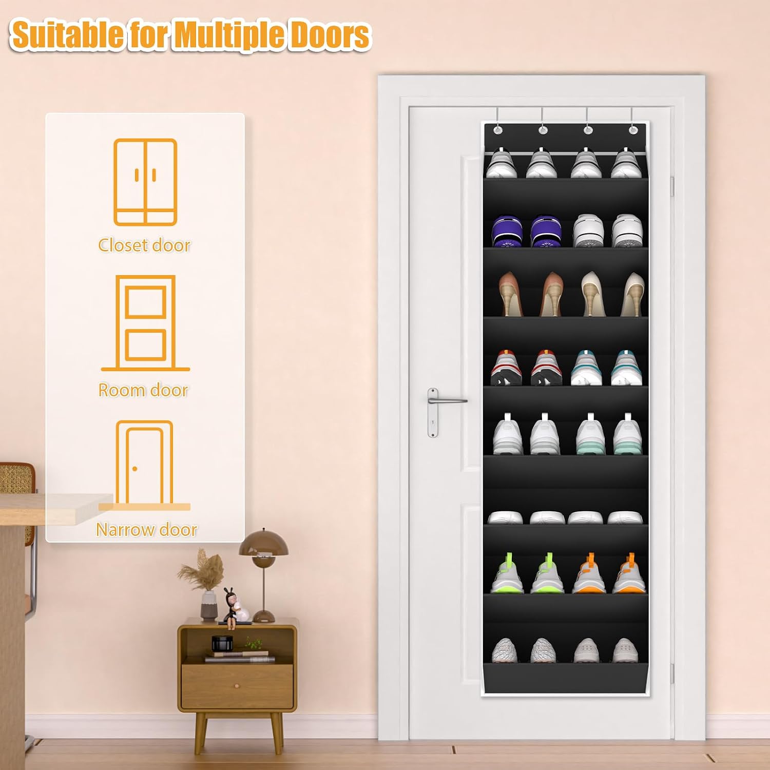 KYEVIS Over The Door Shoe Organizer Storage Fit 16-24 Pairs Hanging Shoe Rack Organiser for Closet Door, Deep Pocket Shoe Holder for Sneakers,Boots Storage(1 Pack Black)