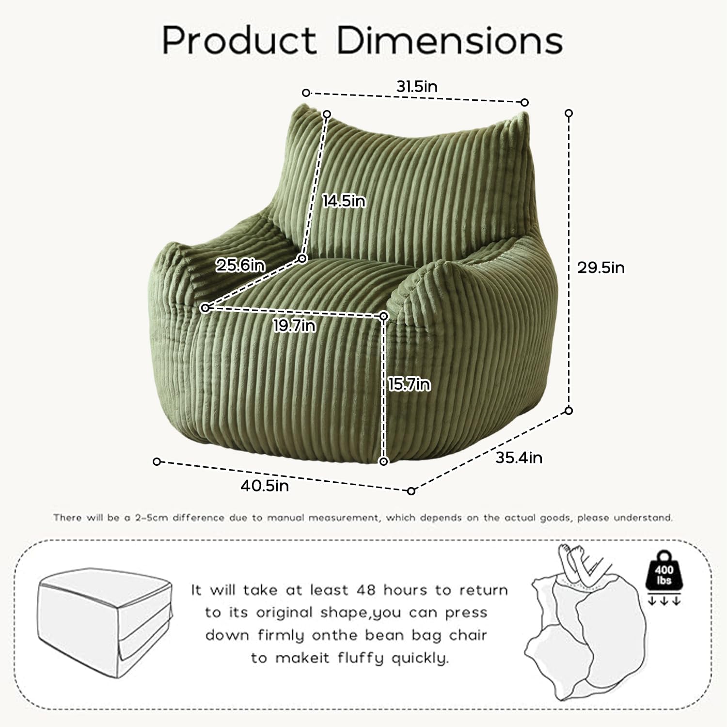 Green Corduroy Bean Bags Chairs for Adults, Big Ultra Soft Beanbag Sofa | 30 lbs Filler Foam| Armrests & Back Support| Vacuum-Compressed| For Reading, Gaming, Bedroom, Living Room, Dorm| For teens
