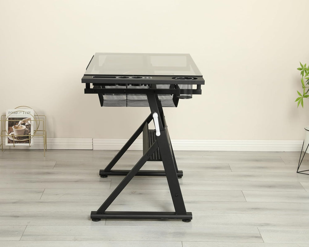 Drafting Table with Storage and Stool, Art Desk for Adults Hand Crank Adjusta...