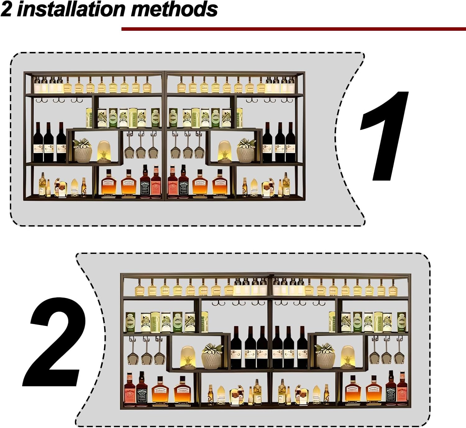 Black Wall Mounted Wine Rack with Hanging Stemware Glass Holder, 4 Tier Liquor Bottle Display Shelf, Floating Bar Storage Organizer for Home, Kitchen, Restaurant, Liquor Cabinet Decor (Black, 95in)