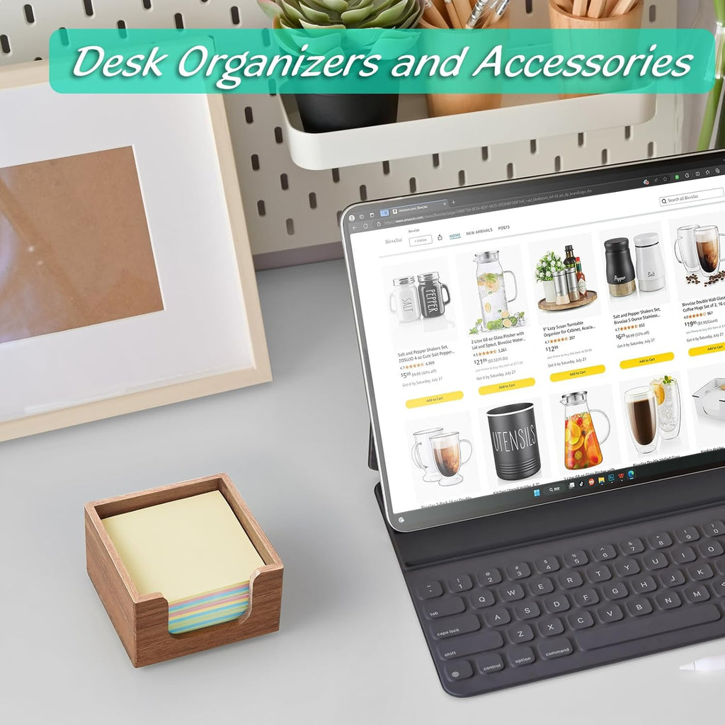 Bivvclaz Acacia Wood Sticky Note Holder, 3 x 3 Inch Post It Note Dispenser for Office Desk Accessories, Self Stick Note Pad Holder, Memo Pad Holder Dispenser Organizer for School Office Desk Supplies