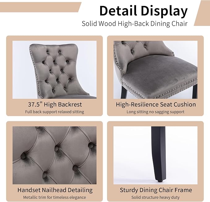 Modern Dining Chairs Set of 6, Tufted Upholstered Dining Chair with Solid Wood Legs, Grey Velvet Accent Chair, Sillas de Comedor, 6 Dining Chairs (Gray, Velvet, 6Pcs)