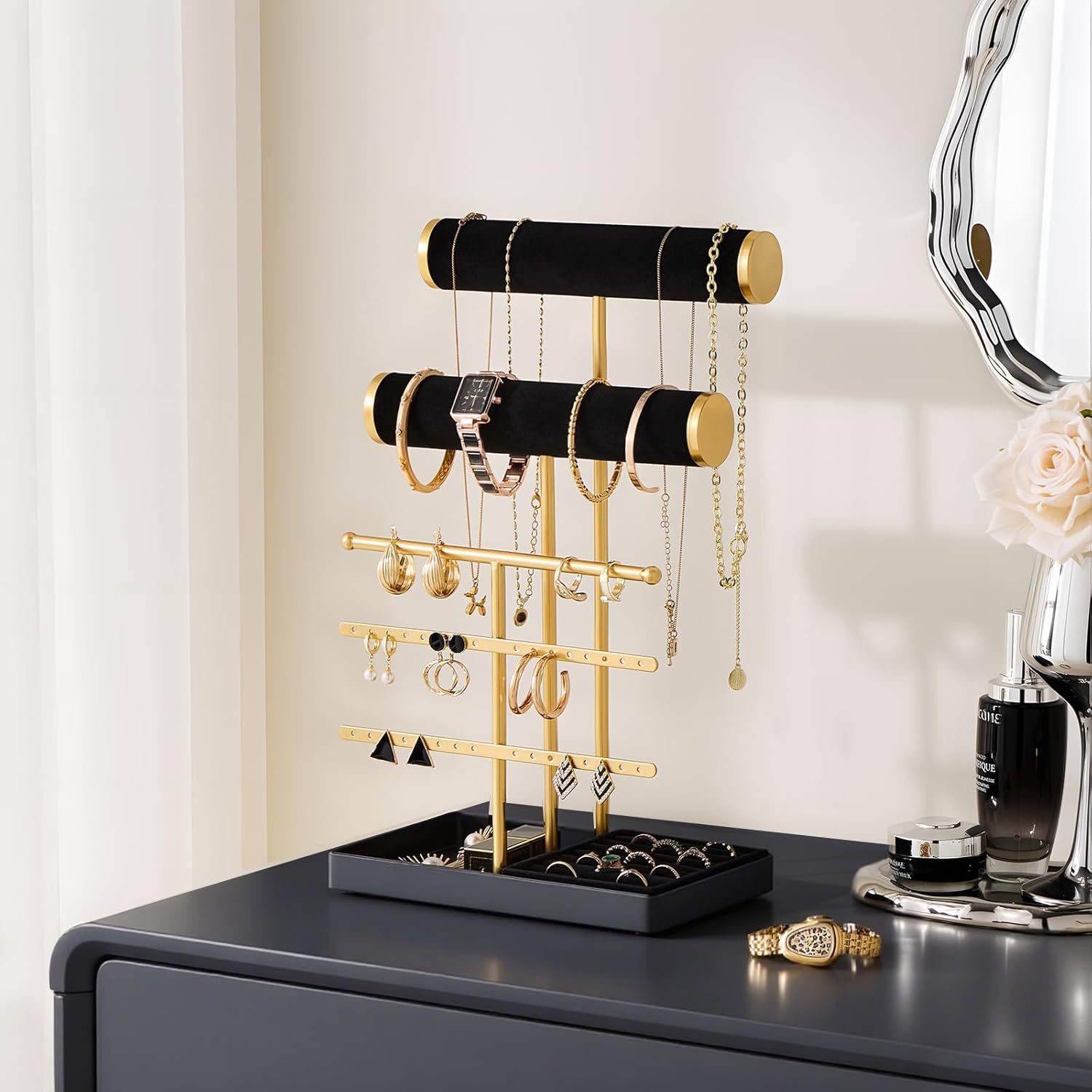 Lolalet Bracelet Display Stand Necklaces Holder, 5 Tiers Jewelry Organizer and Storage Rack with Velvet Slot and Metal Base, for Women Bangles Watches Ring Earrings -Black