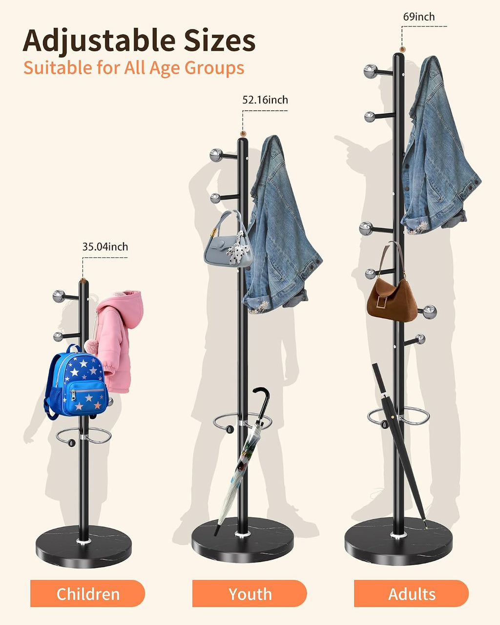 ZOZOE Metal Coat Rack Stand, Modern Coat Rack Freestanding with Natural Marble Base, Sturdy Industrial Coat Racks with 8 Hooks & Umbrella Holder,Black Coat Tree Hanger Stand for Entryway,Office