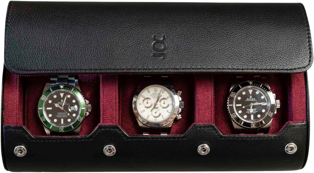 DailyWatch | Watch Roll Travel Case For 3 Watch | Luxury Watch Case In Genuine Black Leather With Soft Velvet Interior | Watch Case Protect, Store, & Display Your Watches | Black Cherry