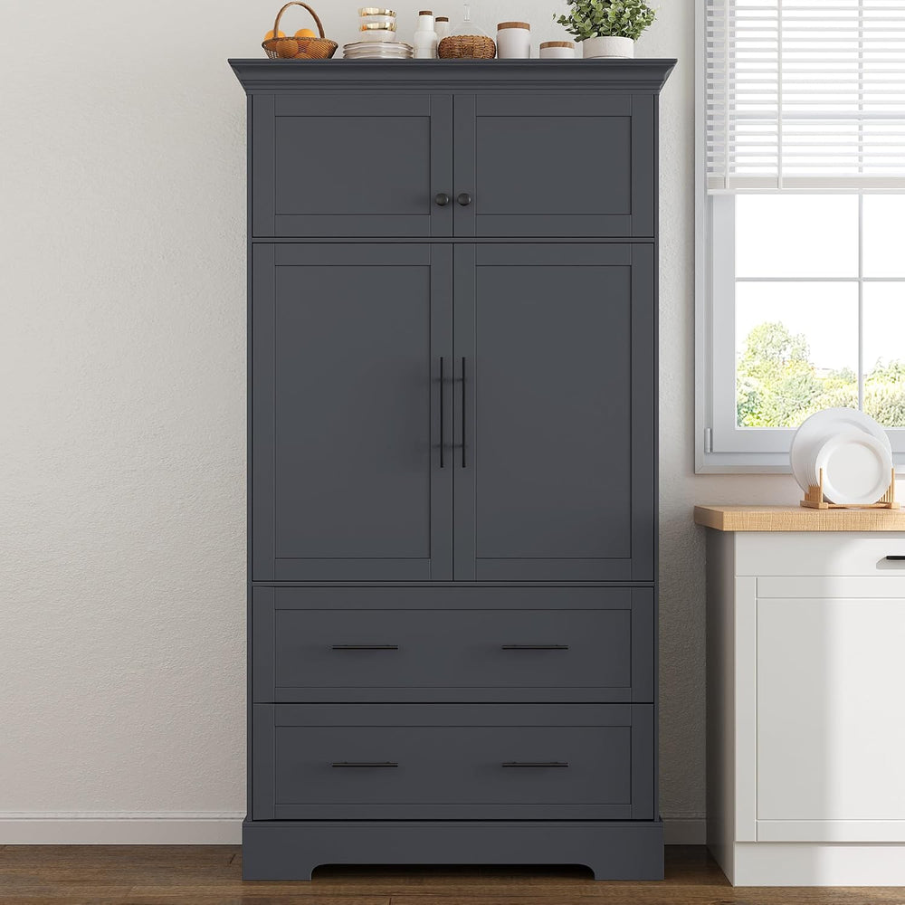 Farmhouse Freestanding Kitchen Pantry,4 Doors Dining Storage Cabinet with Pul...