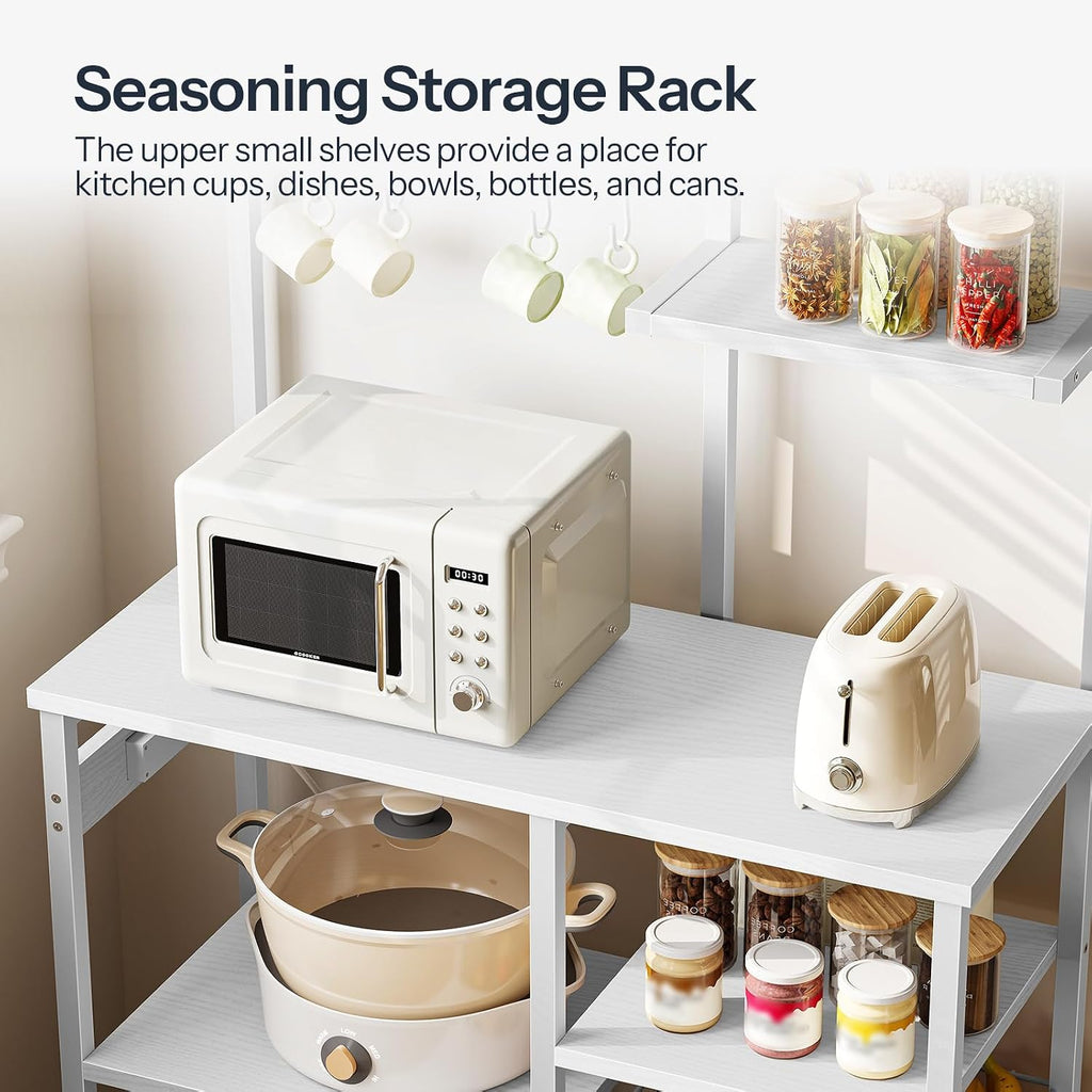 HOOBRO Large Bakers Rack with Power Outlets, 6-Tier Microwave Stand with 4 Hooks, Coffee Bar, Kitchen Shelf with Wire Basket, for Kitchen, Living Room, Office, White WW64UHB01