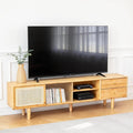 Tiita Rattan TV Stand for 55 65 Inch TV, Bamboo TV Cabinet with 2 Drawers, Boho Entertainment Center with Adjustable Shelf, Mid Century Modern Media Console for Bedroom, Living Room, Wood