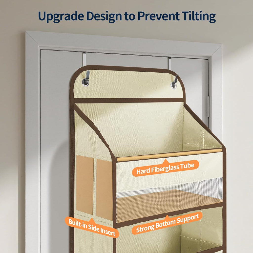 Yecaye Over The Door Organizer Storage, 5-Tier Heavy Duty Door Organizers Hanging with 10 Side Mesh Pockets, 44 lbs Load Capacity Behind Door Storage for Bathroom Nursery Bedroom Dorm Closet, Beige