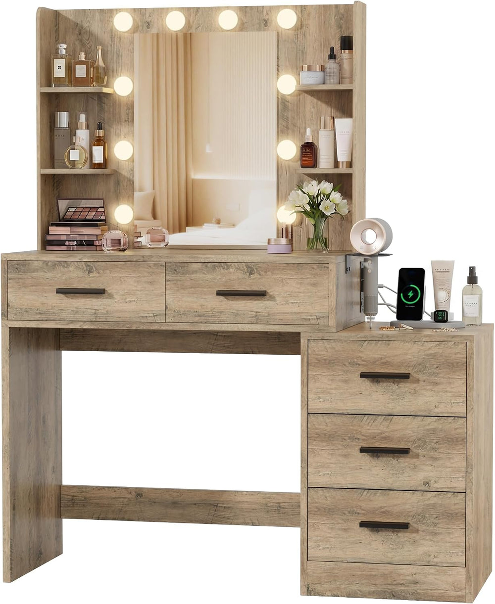 Furmax Makeup Vanity Desk with Mirror and Power Outlet, Vanity with 3 Color L...