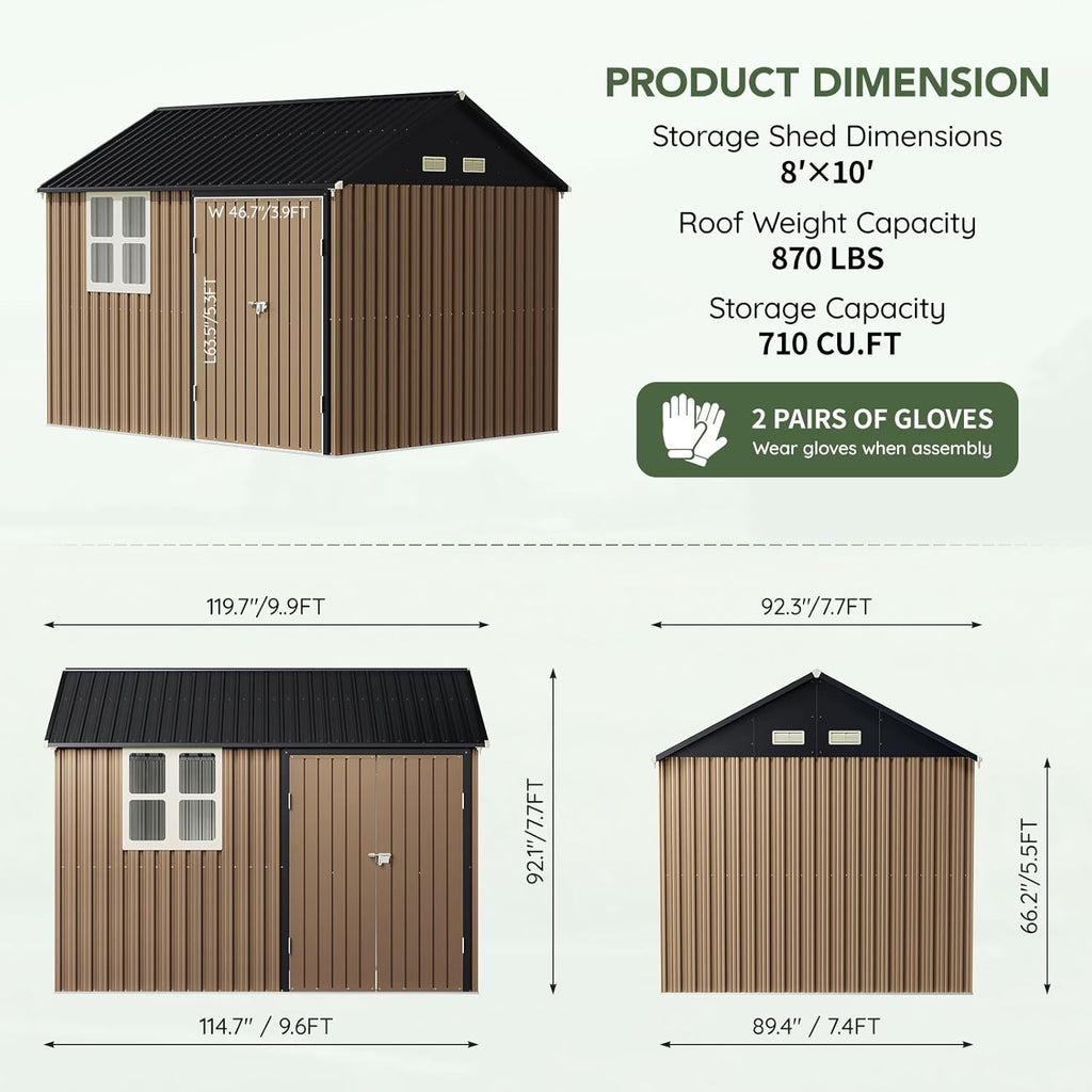 Update 8x10 FT Outdoor Metal Storage Shed, Single Door, 1 Clear Window, Tool Shed for Garden, Patio, Backyard Brown
