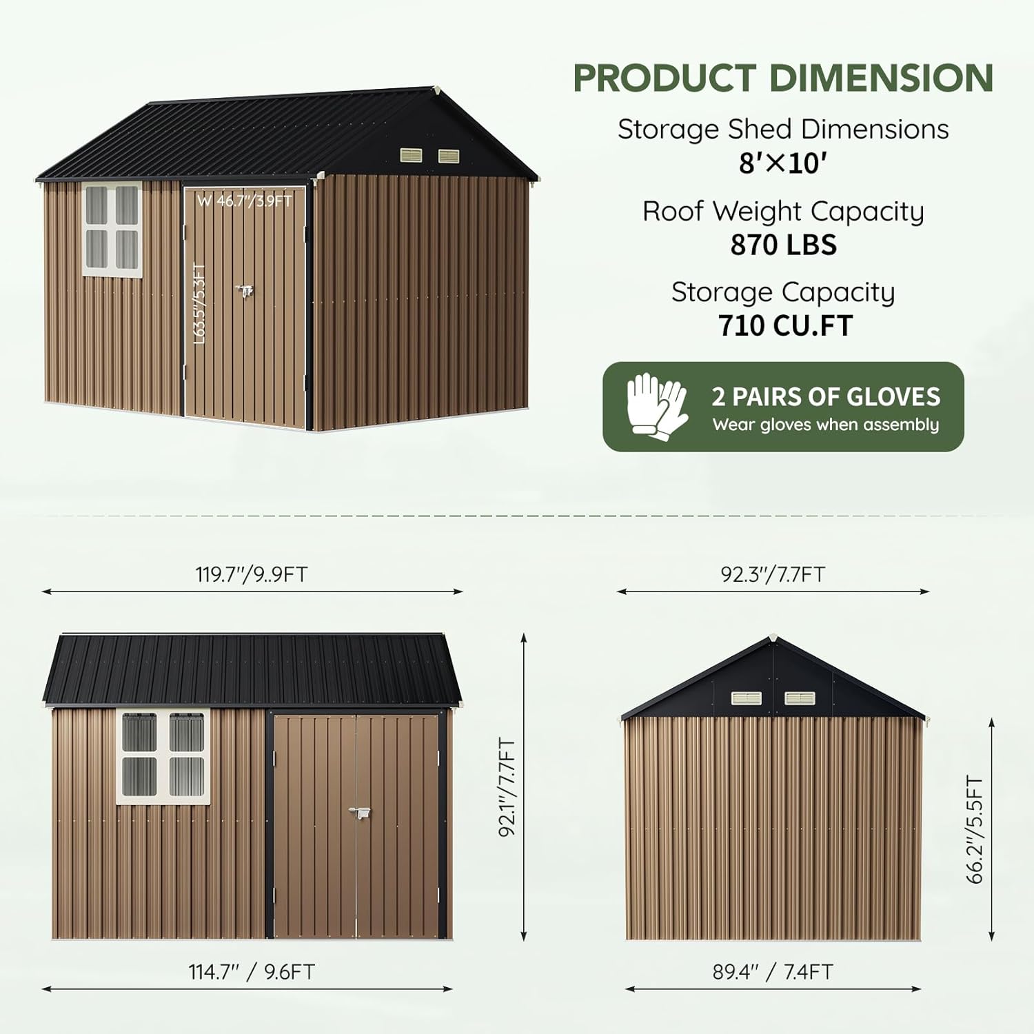 Update 8x10 FT Outdoor Metal Storage Shed, Single Door, 1 Clear Window, Tool Shed for Garden, Patio, Backyard Brown