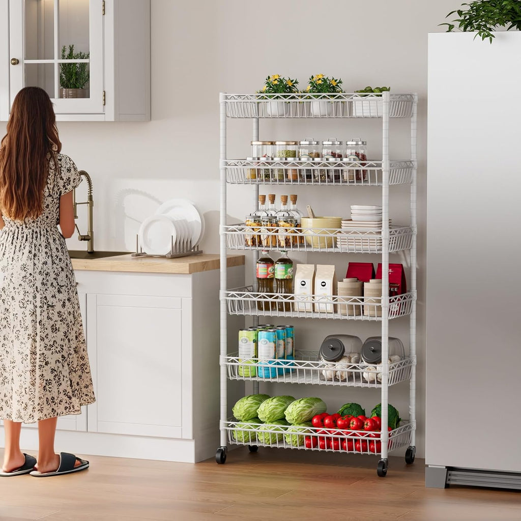6 Shelves Storage Shelf Wire Closet Bathroom Organizers Metal Pantry Kitchen Garage Shelving Unit Laundry Room Organization Home Rack Net Basket White with Wheels 30" Dx14 Wx65 H