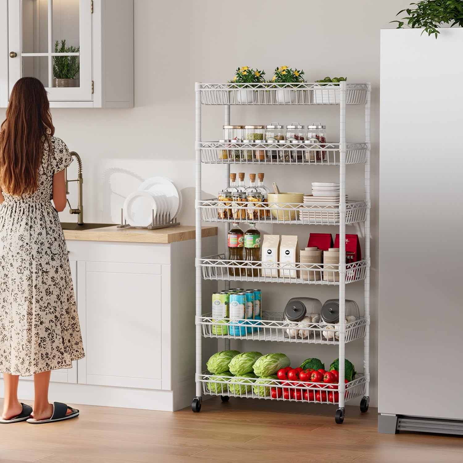6 Shelves Storage Shelf Wire Closet Bathroom Organizers Metal Pantry Kitchen Garage Shelving Unit Laundry Room Organization Home Rack Net Basket White with Wheels 30" Dx14 Wx65 H