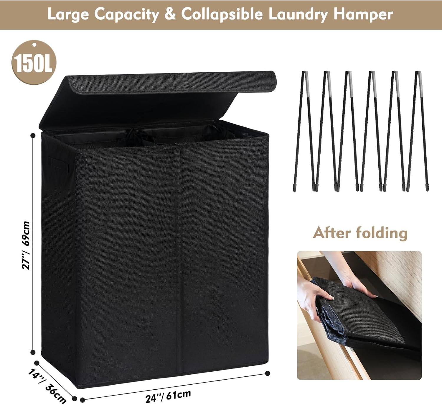 DOKEHOM 150L Double Laundry Basket with Lid and Removable Laundry Bags, Large Collapsible Laundry Hamper with 2 Sections for Bedroom, Bathroom, Laundry Room, Colloge (Black)