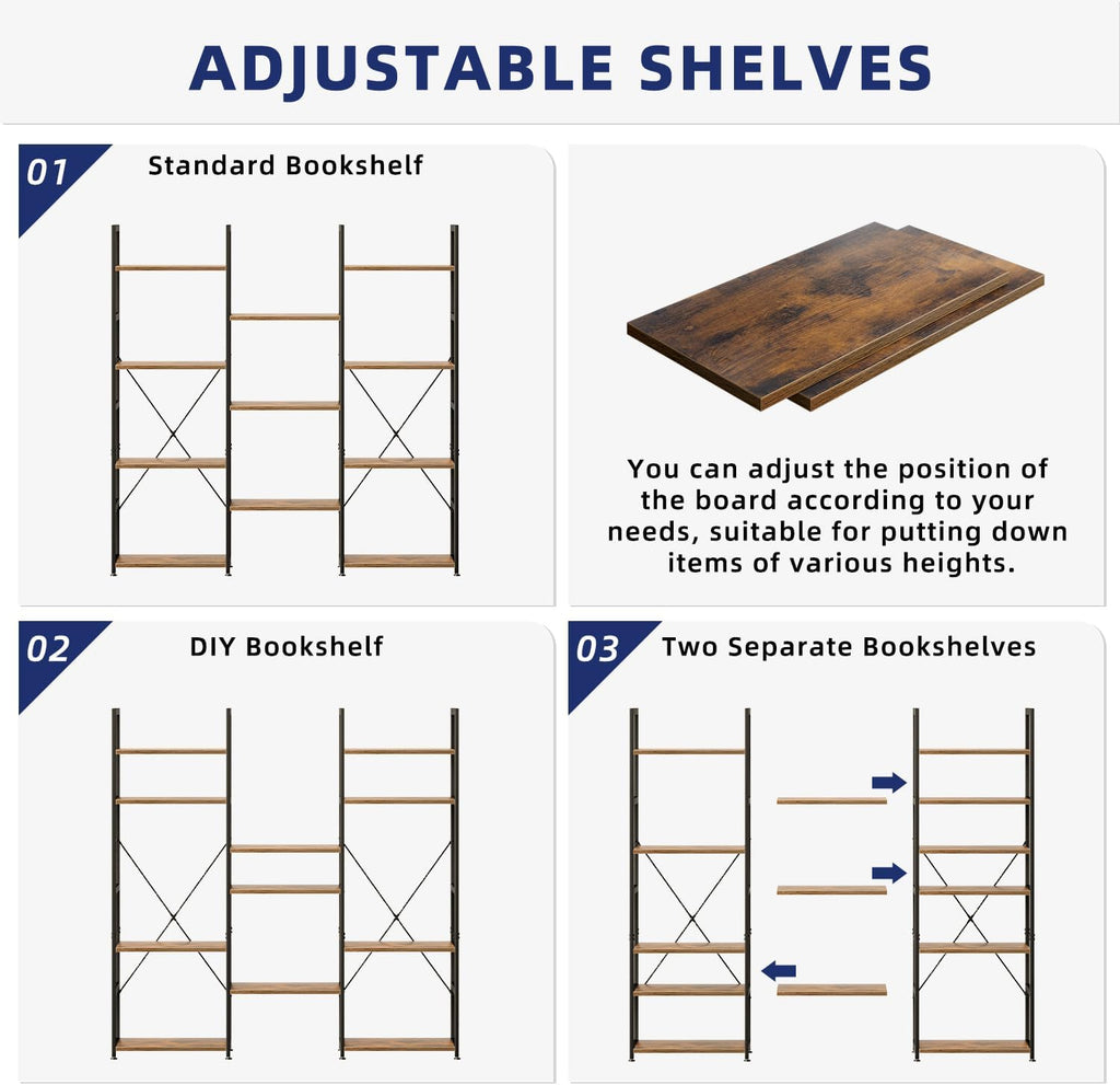 NUMENN Triple Column 4 Tier Bookshelf, Bookcase with 11 Open Display Shelves, Adjustable Rustic Industrial Style Book Shelves, Modern Bookshelves for Bedroom, Living Room and Home Office, Vintage