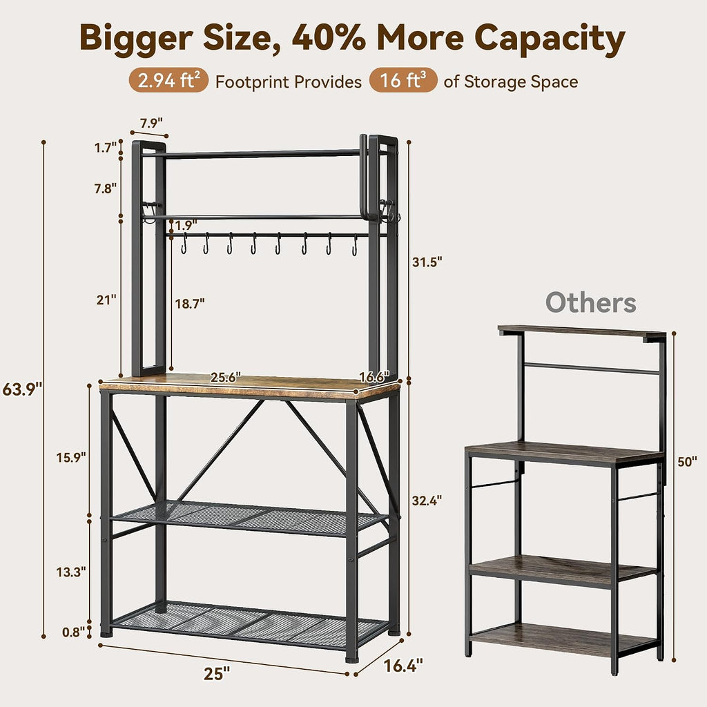 Coffee Bar, Bakers Rack with Storage, 25.6 Inches Microwave Stand, 5 Tier Kitchen Shelves Appliance Storage, 12 S Hooks Large Coffee Station for Spices, Pots and Pans, Rustic Brown