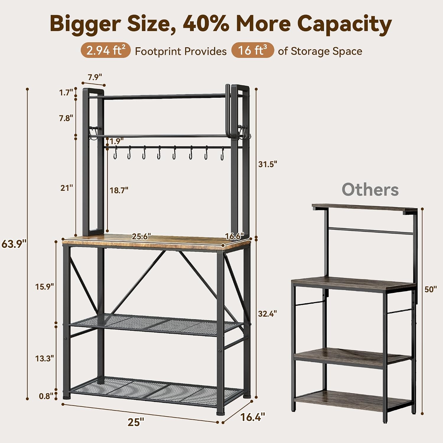 Coffee Bar, Bakers Rack with Storage, 25.6 Inches Microwave Stand, 5 Tier Kitchen Shelves Appliance Storage, 12 S Hooks Large Coffee Station for Spices, Pots and Pans, Rustic Brown