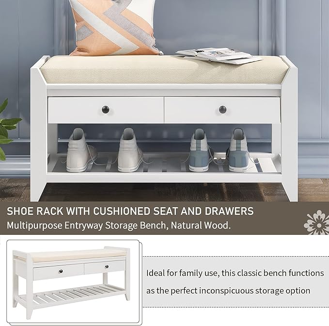 39″ Storage Bench with Cushioned Seat and Drawers,Multipurpose Wooden Entryway Ottoman,Hidden Compartment Organizing Shoe Rack,for Bedroom Hallway Porch,White