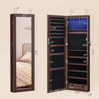 SONGMICS 6 LEDs Mirror Jewelry Cabinet, 47.2-Inch Tall Lockable Wall or Door Mounted Jewelry Armoire Organizer with Mirror, 2 Drawers, Christmas Gift, 3.9 x 14.6 x 47.2 Inches, Brown