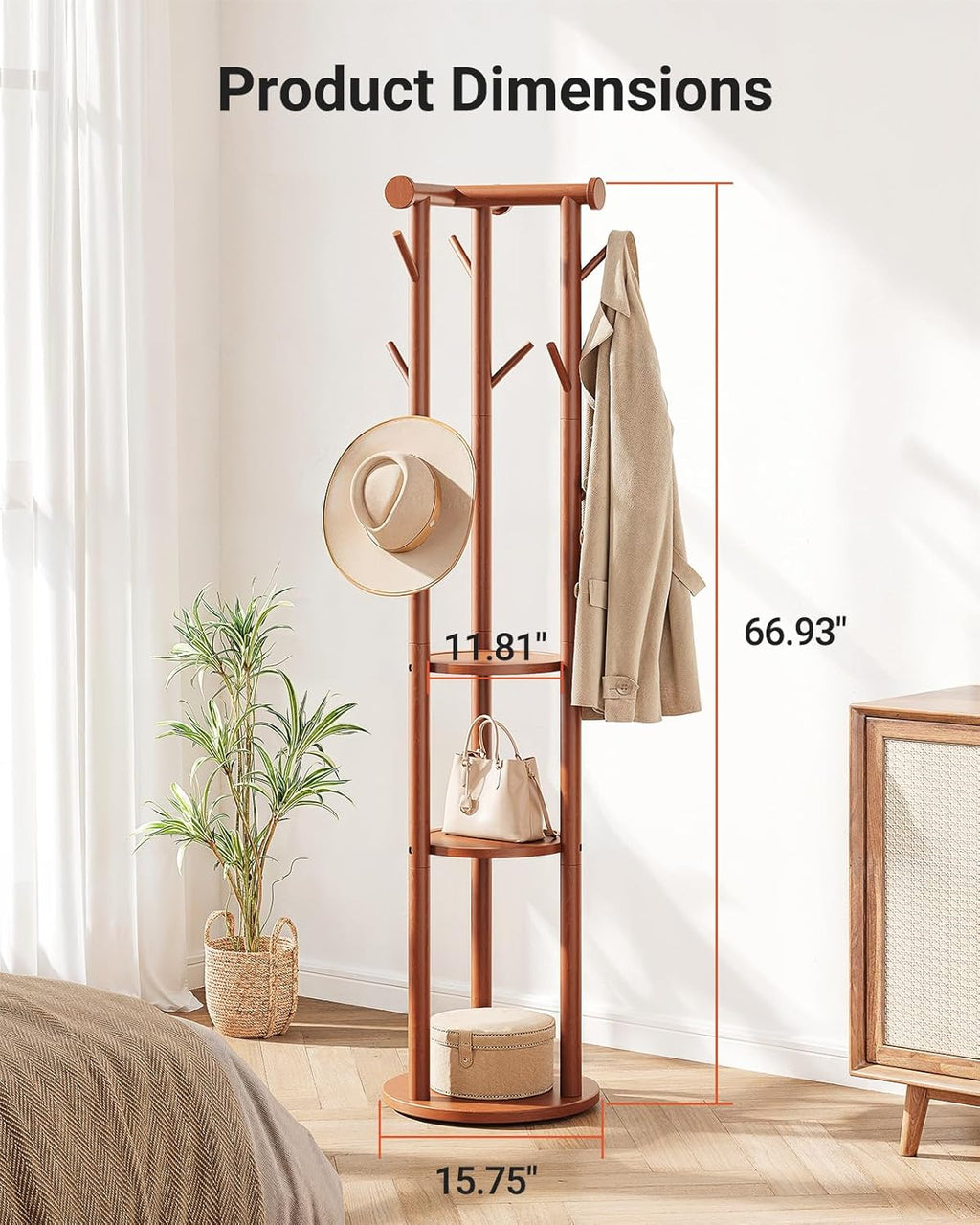 Pipishell Rotary Coat Rack, Solid Wood Coat Rack Freestanding with Wheels, 9 Hooks, T-Shaped Top & 3-Tier Shelves for Entryway, Hallway, Bedroom, Coat Tree for Coats, Bags, Hats & Scarves