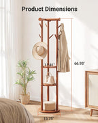 Pipishell Rotary Coat Rack, Solid Wood Coat Rack Freestanding with Wheels, 9 Hooks, T-Shaped Top & 3-Tier Shelves for Entryway, Hallway, Bedroom, Coat Tree for Coats, Bags, Hats & Scarves