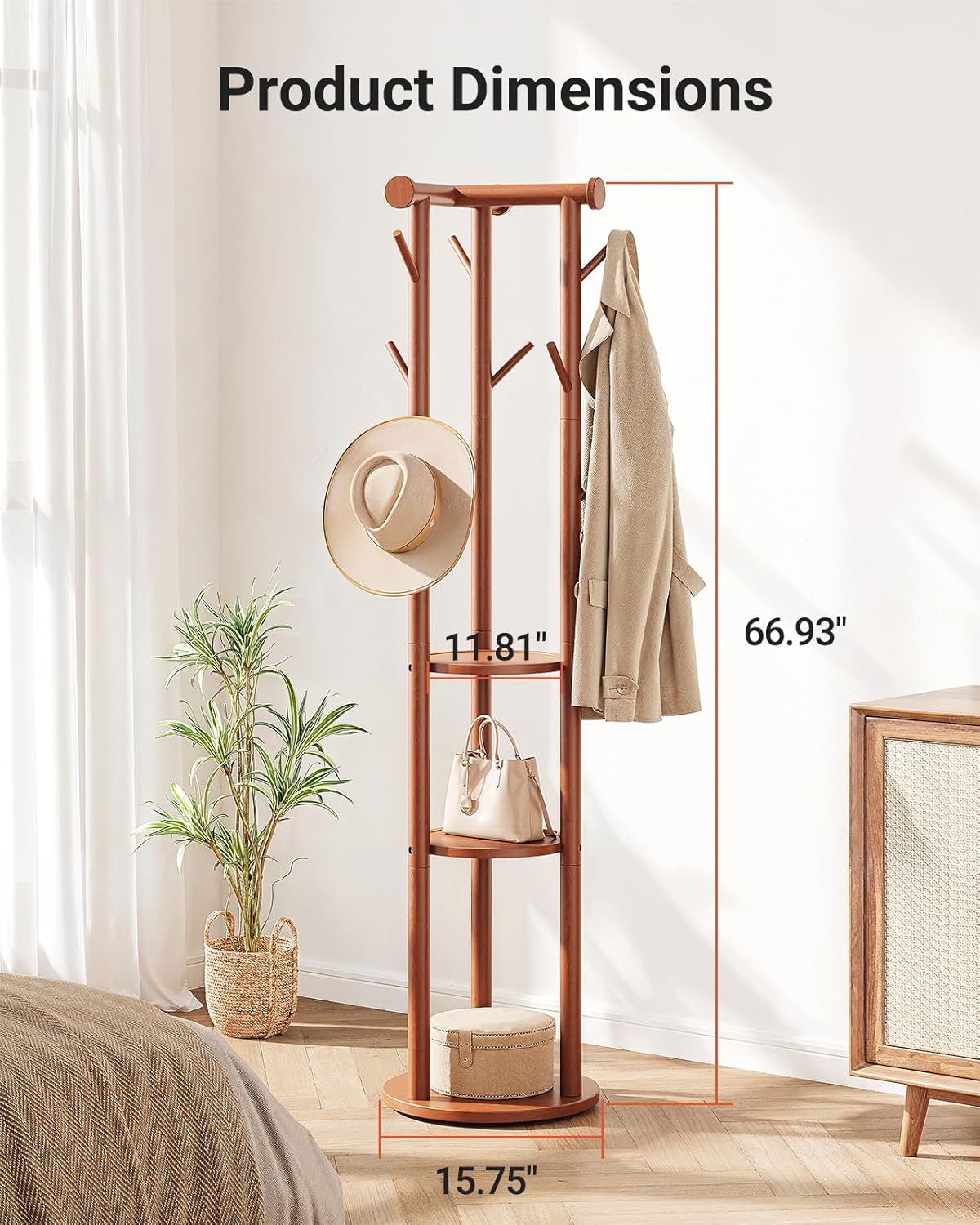 Pipishell Rotary Coat Rack, Solid Wood Coat Rack Freestanding with Wheels, 9 Hooks, T-Shaped Top & 3-Tier Shelves for Entryway, Hallway, Bedroom, Coat Tree for Coats, Bags, Hats & Scarves