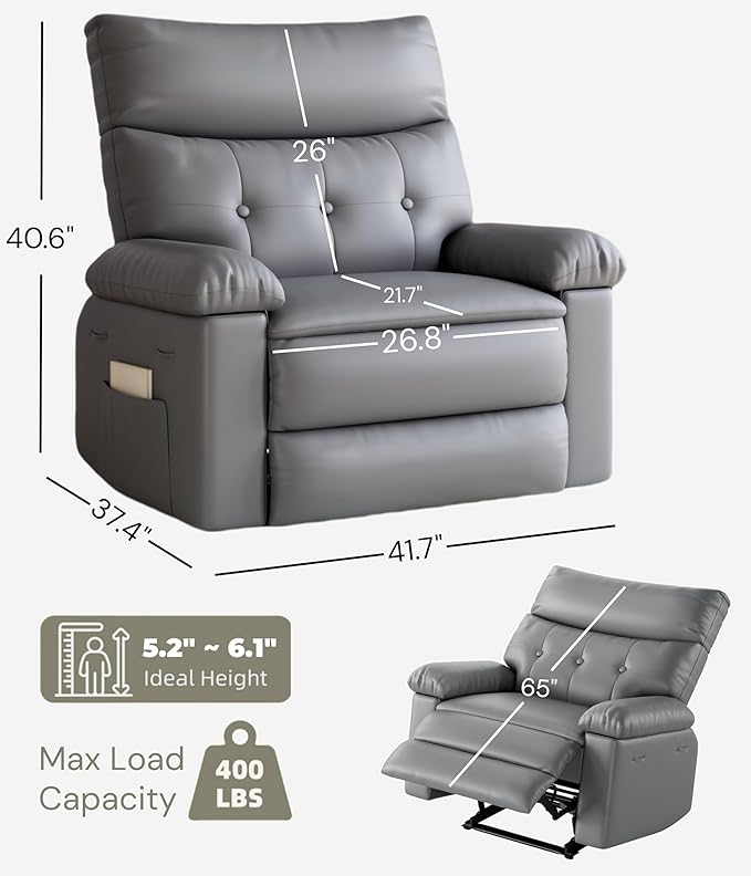 GarveeHome Oversized Leather Recliner Chair, Extra Wide Manual Recliner for Adults, Lazy Chair with 1.5X Sponge Comfort Arm and Back for Living Room, Bedroom, Nursing Room