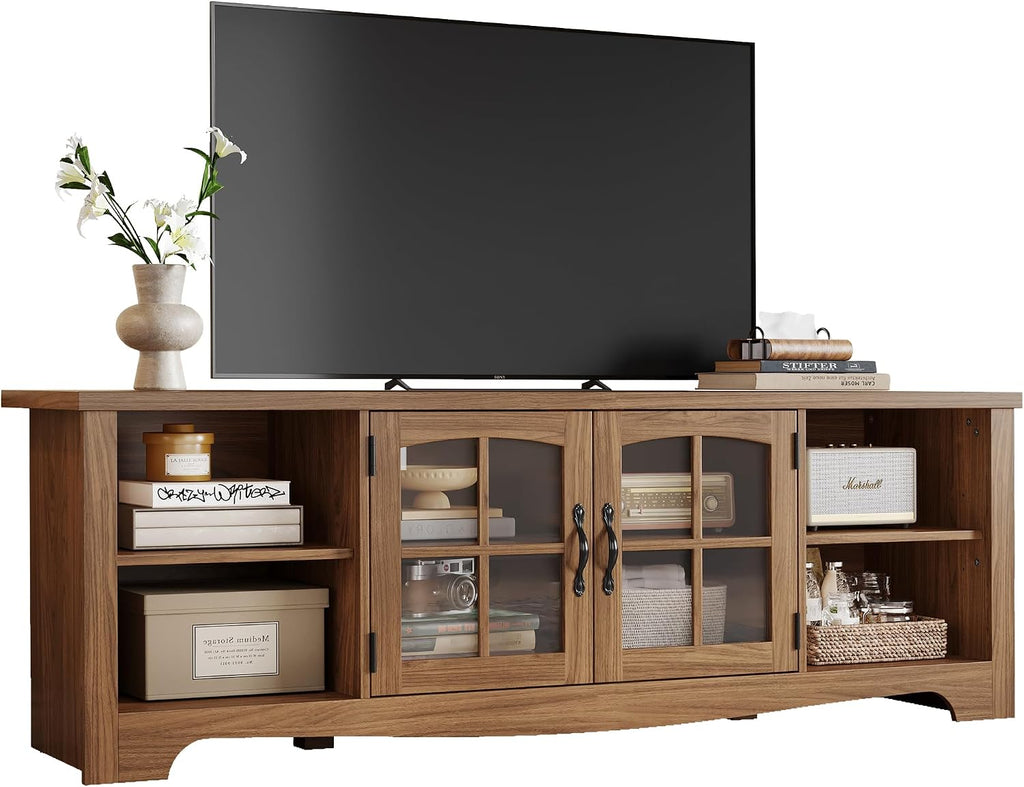 LINSY Home TV Stand for 75 Inch TV, Modern Farmhouse Entertainment Center with Storage Cabinets and Glass Doors, Tall Media Console Table for Living Room, Bedroom, Large Long Television Stand, Walnut