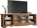 LINSY Home TV Stand for 75 Inch TV, Modern Farmhouse Entertainment Center with Storage Cabinets and Glass Doors, Tall Media Console Table for Living Room, Bedroom, Large Long Television Stand, Walnut