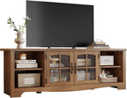 LINSY Home TV Stand for 75 Inch TV, Modern Farmhouse Entertainment Center with Storage Cabinets and Glass Doors, Tall Media Console Table for Living Room, Bedroom, Large Long Television Stand, Walnut