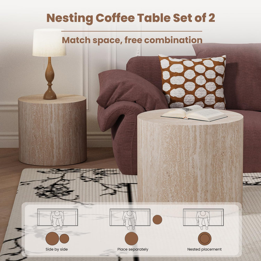 WXFKLDJ Round Nesting Coffee Table Set of 2, Wood Side Table, Travertine | Mo...