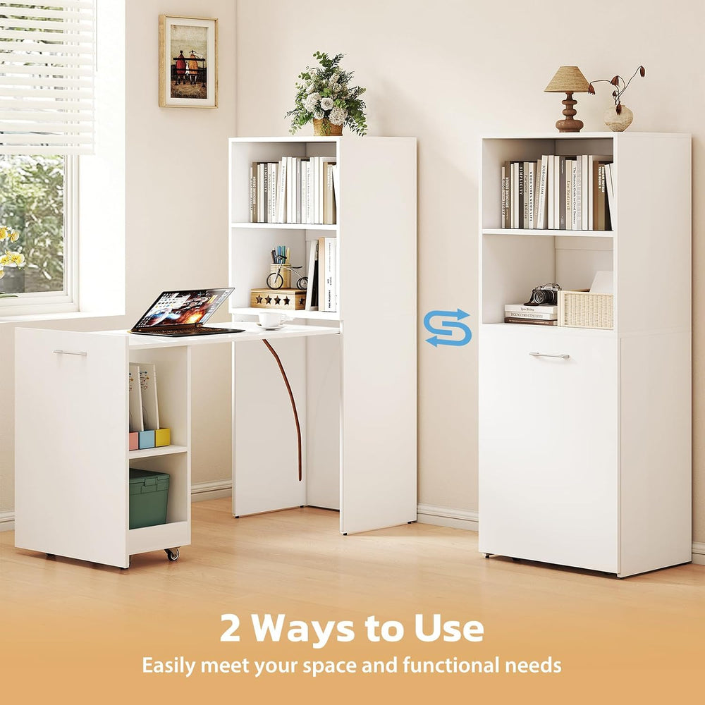 Zevemomo Folding Desk, Convertible Table with Shelves & Wheels - White