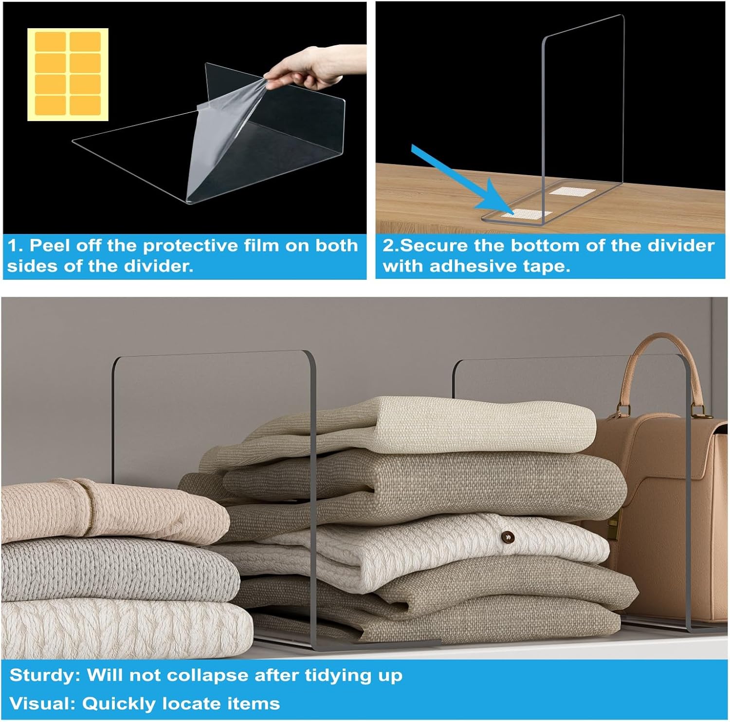 OKPOW Shelf Dividers Closet Organizer - 7.5" Tall X 11.8" Deep Acrylic Clear Sturdy Separate for Clothes Purse - Adjustable Space Saver Easy Install for Home Organization Enthusiasts 4 Pack