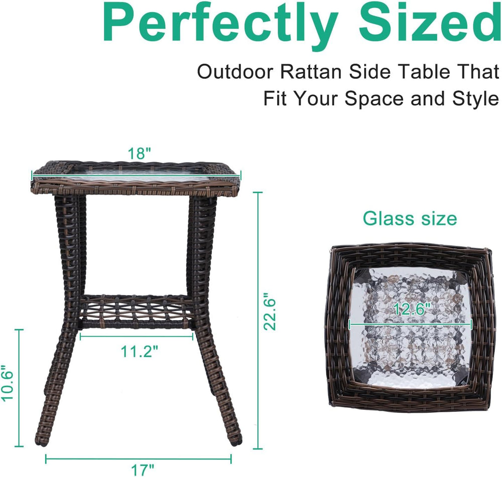 VINGLI Outdoor Side Table with Storage Wicker Patio Side Table, Tempered Glas...