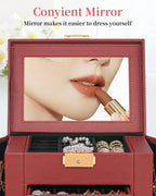 TORIBIO Jewelry Box for Women, Leather Jewelry Organizer with Mirror & Lock, 4-Tier Jewelry Storage Organizer with 3 Drawers for Girls/Women/Mothers, Necklace Earring Bracelets Holder Organizer