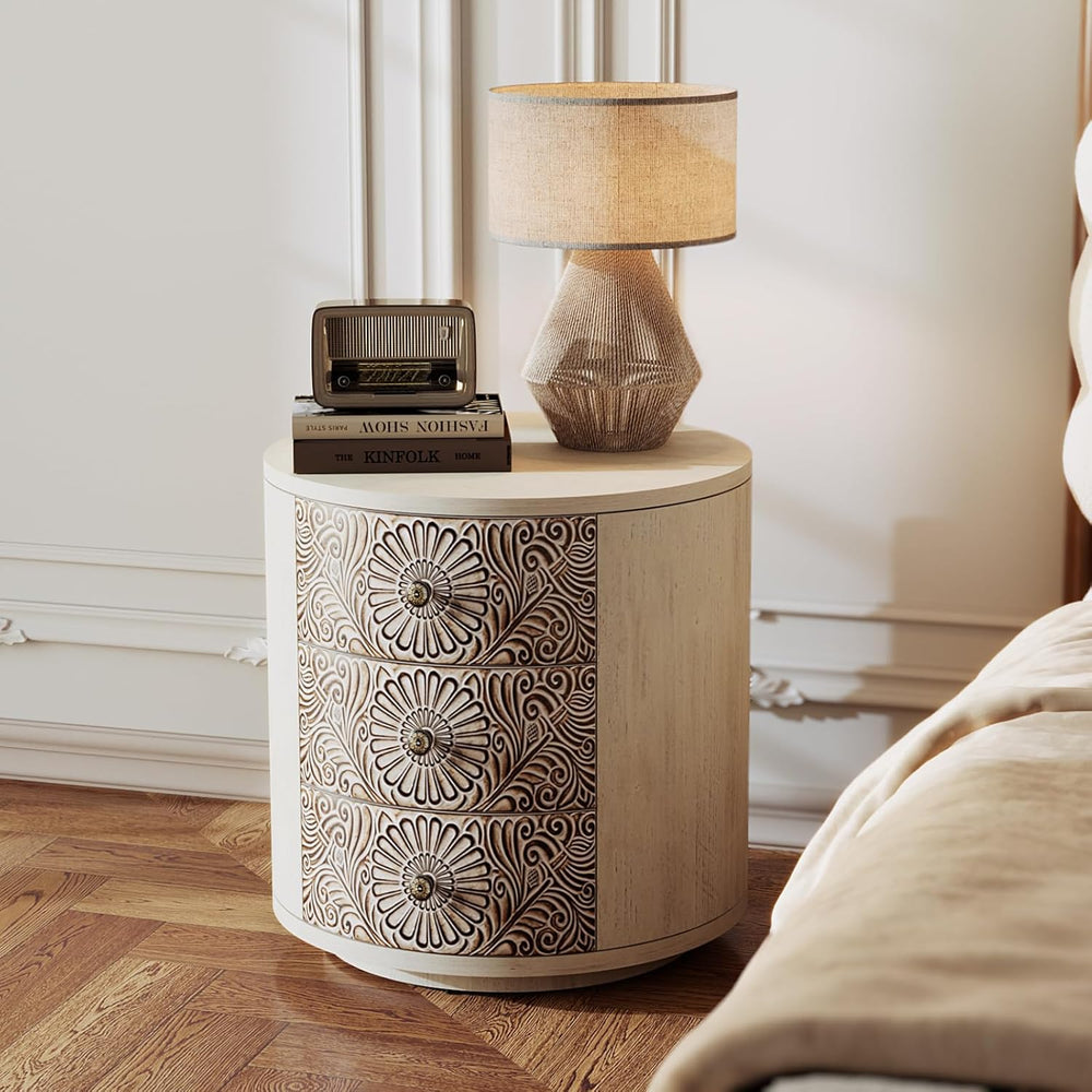 SUNBURY Round Night Stand Set of 2, Farmhouse Bedside Table, Farmhouse End Ta...