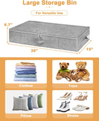 Under Bed Storage, 2 Pack Underbed Storage Container Bags With Lid, Foldable Sturdy Clothes Storage Drawer Organizer W/ 3 Handles, Ultra Thick Fabric Blanket Shoe Storage Box, 30x15x6.7inch, Grey