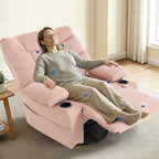 KCQ Overstuffed Swivel Rocker Recliner Chair with Massage and Heat, Fabric Heated Reclining Chairs Manual Recliner with Cup Holder, Pink Nursery Rocking Recliner Glider Chair