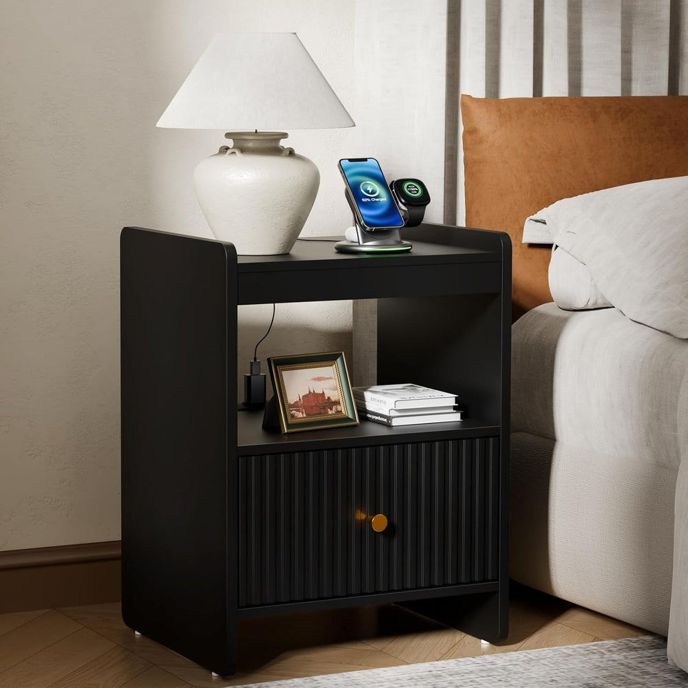 HIFYOBRO 21.6" Fluted Nightstand, End Table with Charging Station and LE...