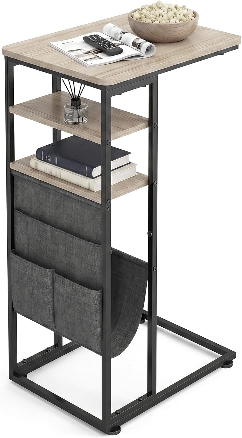 C Shaped End Table 28"(H) 3-Tier C Table with Storage Bag, Under Couch Table C-Shaped End Table with Storage Shelves and Bag for Living Room, Bedroom, or Office