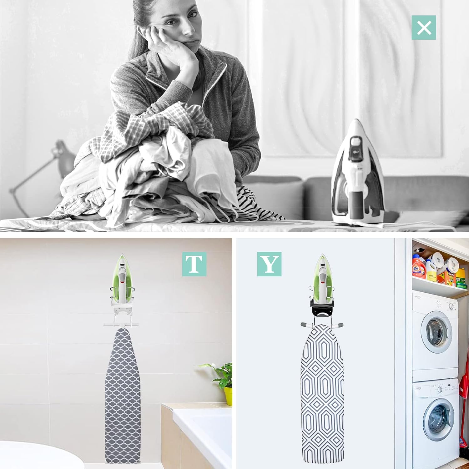 Ironing Board Hanger Wall Mount Electric Iron Holder Iron and Ironing Board Storage Organizer Shelf with Removable Hooks for Household Bathroom Laundry Room (Black)