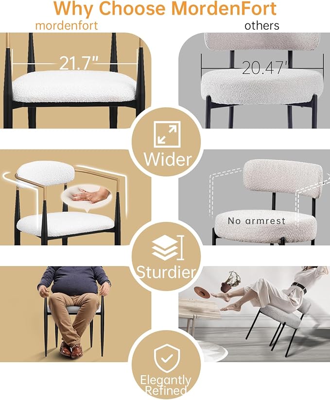Morden Fort Modern Dining Chairs Set of 6, Upholstered Boucle Dining Chairs with Gold Armrest and Black Metal Legs, Accent Chairs for Kitchen, Living Room and Lounge